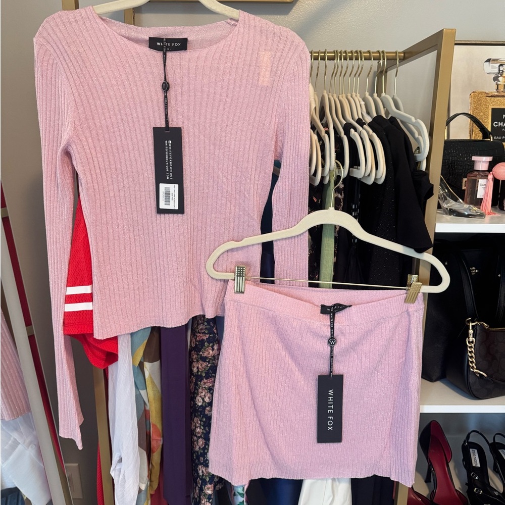 White Fox Pink Ribbed Knit Top and Skirt Set